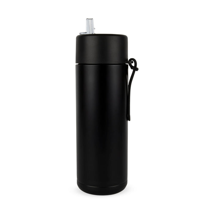 The Daily Setup - A drink bottle in matte black with a straw lid and a carrying strap. It features a simple, sleek design.
