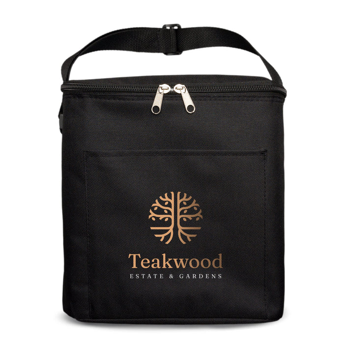 The Brew & Bite - A black insulated cooler bag featuring a front pocket and a logo on the front. It has a zip closure and handle.