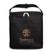The Brew & Bite - A black insulated cooler bag featuring a front pocket and a logo on the front. It has a zip closure and handle.