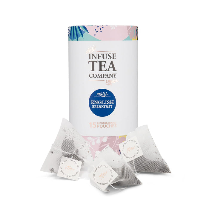 The Brew & Bite - A tea canister with a floral design, featuring English Breakfast tea pouches in white biodegradable bags.
