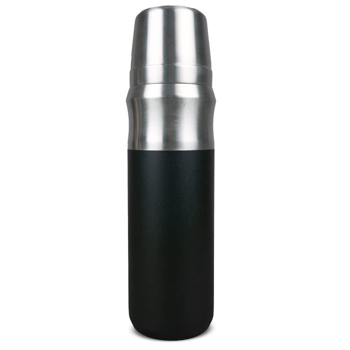 The Brew & Bite - A drink bottle with a silver stainless steel top and a matte black base, featuring a logo.
