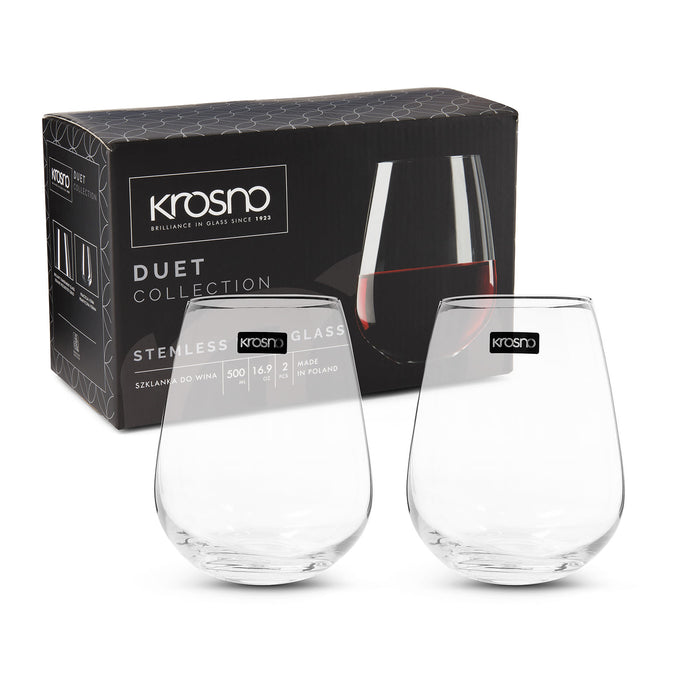 The Chandon Escape - A set of two clear stemless wine glasses in front of a branded box, featuring a sleek design.
