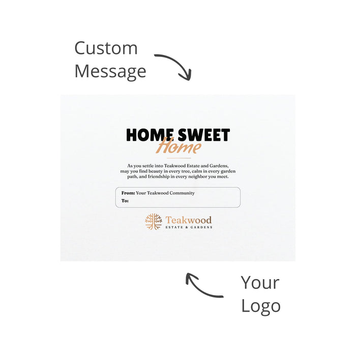 The Winter Warmer Pack - A card featuring a "Home Sweet Home" design with space for a custom message and a logo. The colour scheme includes white, black, and gold.
