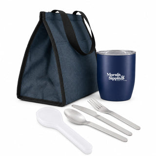 The Refuel Pack - A blue drink tumbler, silver utensils, and a navy lunch bag arranged together. The bag features black handles.