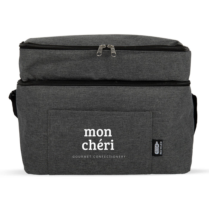The Refined Graze - A grey insulated cooler bag with a zippered top and a front pocket, featuring a logo.