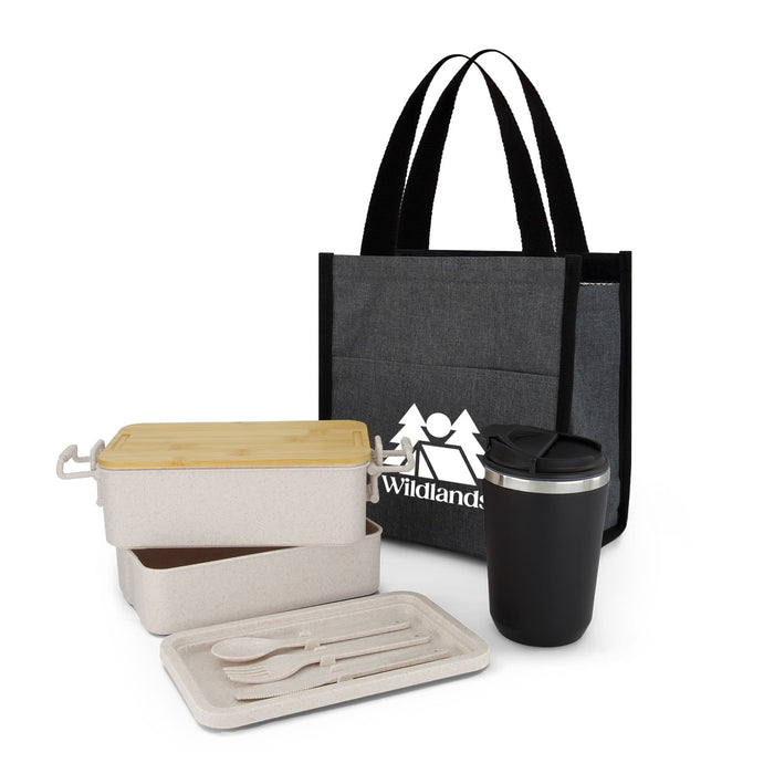 Lunch & Latte Kit - A grey cooler bag with a logo, two food containers, a tray, cutlery set, and a black drink cup.