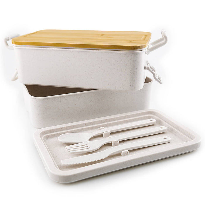Lunch & Latte Kit - A white lunch container set with a bamboo lid, including a tray and white utensils. The set features a logo.