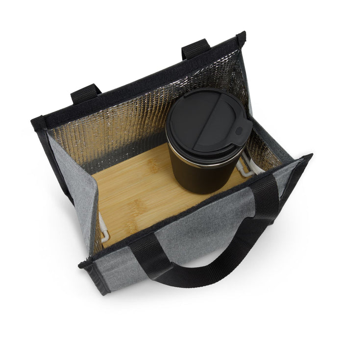 Lunch & Latte Kit - A grey cooler bag with a bamboo base and a black drink bottle inside. The bag has an insulated interior and sturdy handles.