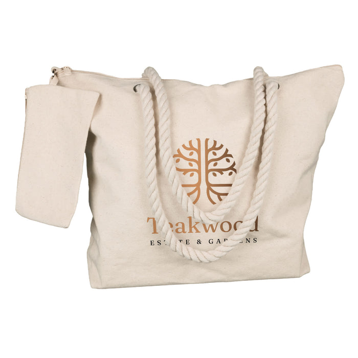 The Sunchaser Set - A cream tote bag with rope handles and a small matching pouch, featuring a tree logo.