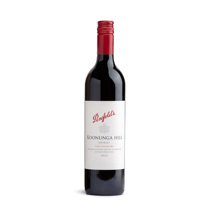 The Perfect Pairing - A drink bottle of Koonunga Hill Shiraz with a red cap, featuring a white label and a logo. The bottle is dark in colour.