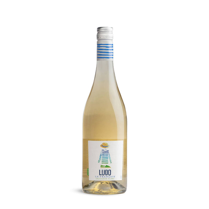The Perfect Pairing - A drink bottle with a clear liquid, featuring a white label, blue and white striped cap, and a logo.