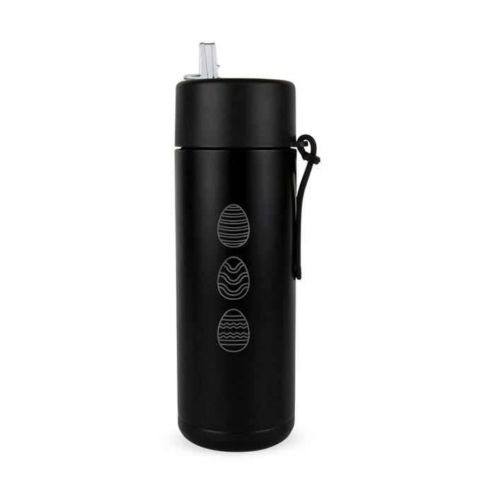 The Sweet Setup - A drink bottle in black with a logo and decorative designs of eggs. It features a straw and a carrying strap.