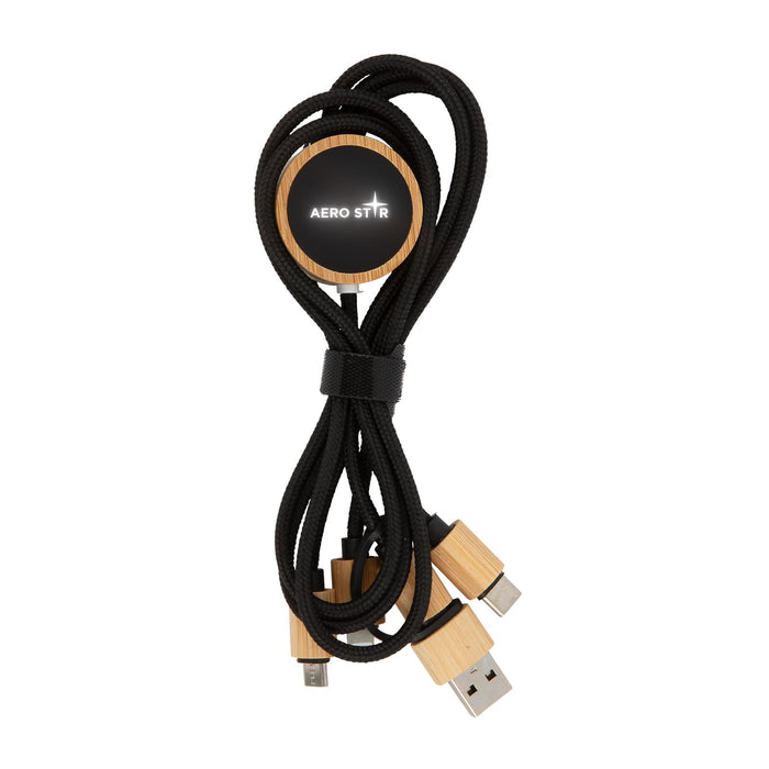 Tech Pack Executive - A black charging cable with wooden accents and a circular logo, featuring multiple connectors at the end.