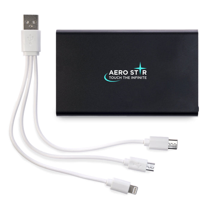 Tech Pack Executive - A black portable charger with multiple white charging cables attached and a branding logo.