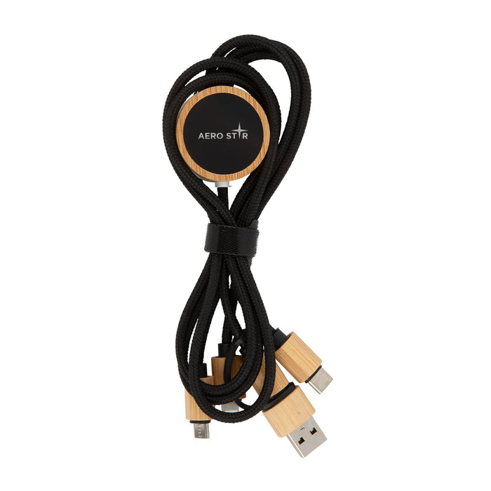 Tech Pack Executive - A set of black charging cables with wooden ends, coiled neatly with a round holder featuring a logo.