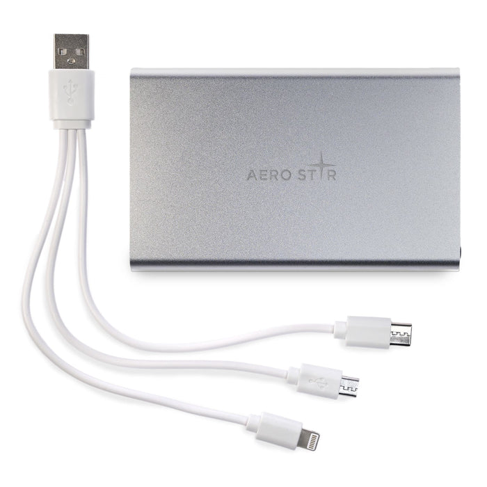 Tech Pack Executive - A silver power bank with a white charging cable featuring multiple connectors. It has a logo on the surface.