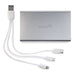 Tech Pack Executive - A silver power bank with a white charging cable featuring multiple connectors. It has a logo on the surface.