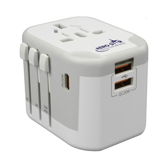 Tech Pack Executive - A compact white universal travel adapter with multiple plug options and USB ports for charging devices.