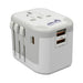 Tech Pack Executive - A compact white universal travel adapter with multiple plug options and USB ports for charging devices.