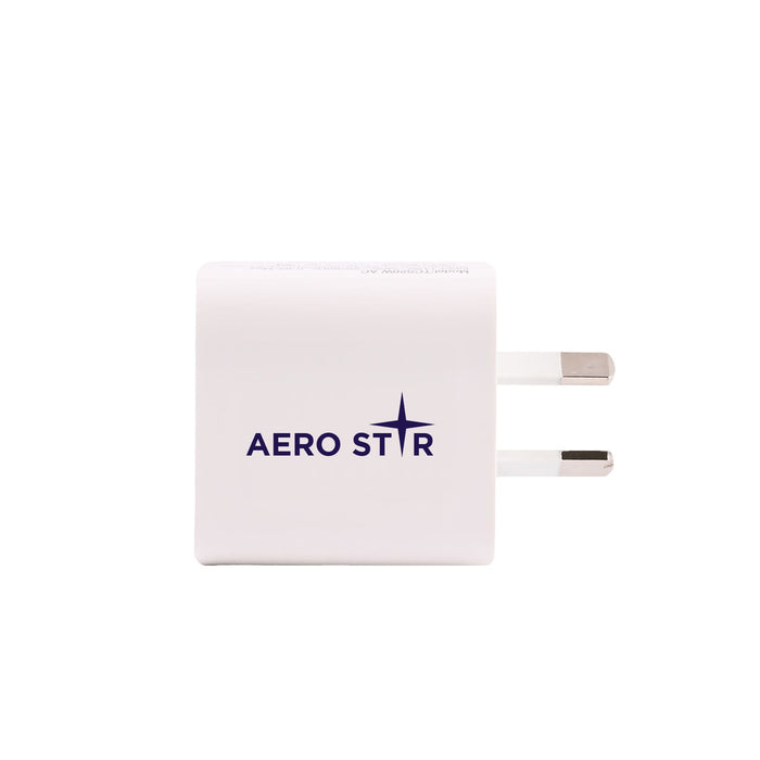 Tech Pack Executive - A white power adapter with two prongs and a logo on the front.