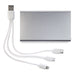Tech Pack Executive - A silver power bank with a multi-connector charging cable, featuring USB, micro USB, and Lightning connectors.