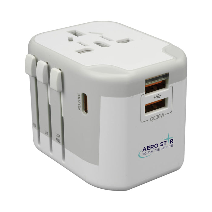 Tech Pack Executive - A white travel adaptor with multiple plug options and USB ports, featuring a logo on one side.