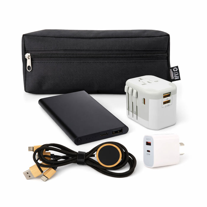 Tech Pack Executive - A black zippered pouch contains a portable charger, travel adapter, charging cable, and a wireless charger.