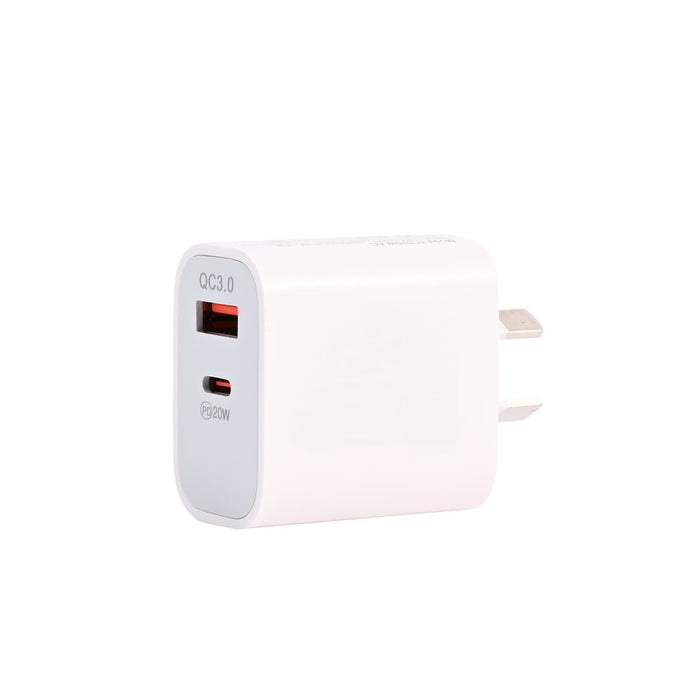 Tech Pack Power - A white charging adapter with one USB-A port and one USB-C port, featuring a compact design and a logo.