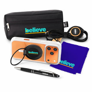 Tech Pack Essential - A black tech pack containing headphones, a smartphone, a cleaning cloth, and a pen with branding.