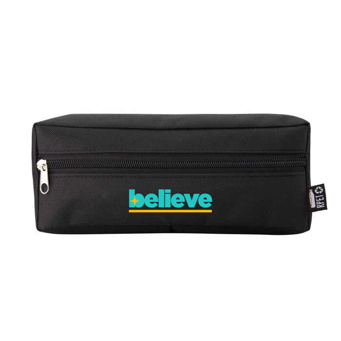 Tech Pack Essential - A black rectangular pouch with a zipper, featuring a colourful logo on the front.