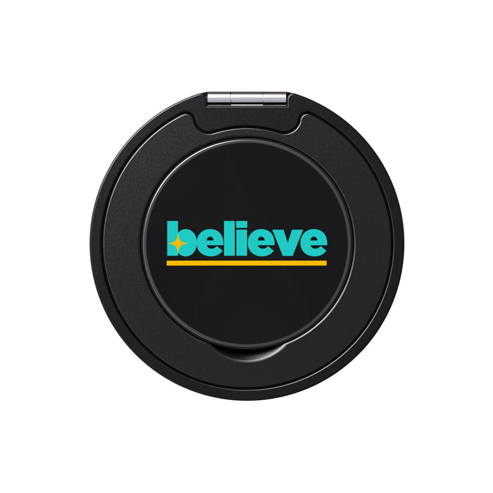 Tech Pack Essential - A black circular compact mirror featuring a colourful logo design. It has a hinged cover for easy opening.