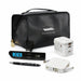 Tech Pack Travel - A black travel bag with a clock, pen, power adapter, and USB charger, featuring a logo on the bag.