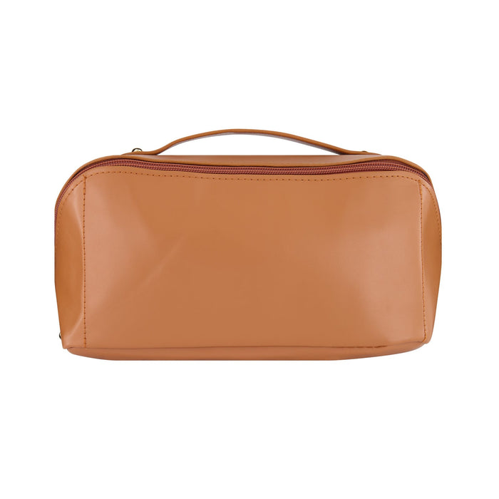 Tech Pack Travel - A tan travel bag with a zip closure and a handle on top. The bag has a glossy finish and a simple design.