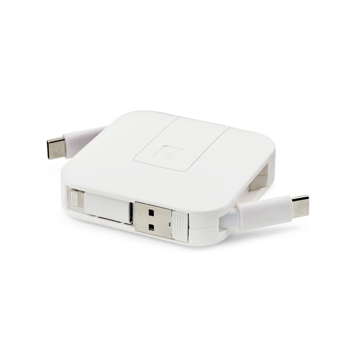Tech Pack Travel - A white multi-port travel charger with retractable cables and a compact design. It features USB and USB-C connections.
