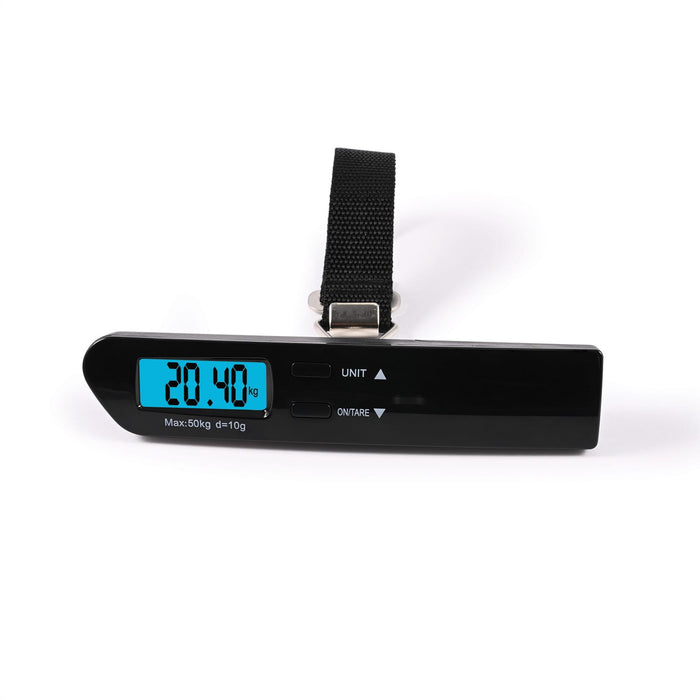 Tech Pack Travel - A digital luggage scale with a black body, displaying a weight of 20.40 kg on a blue screen, featuring a strap.