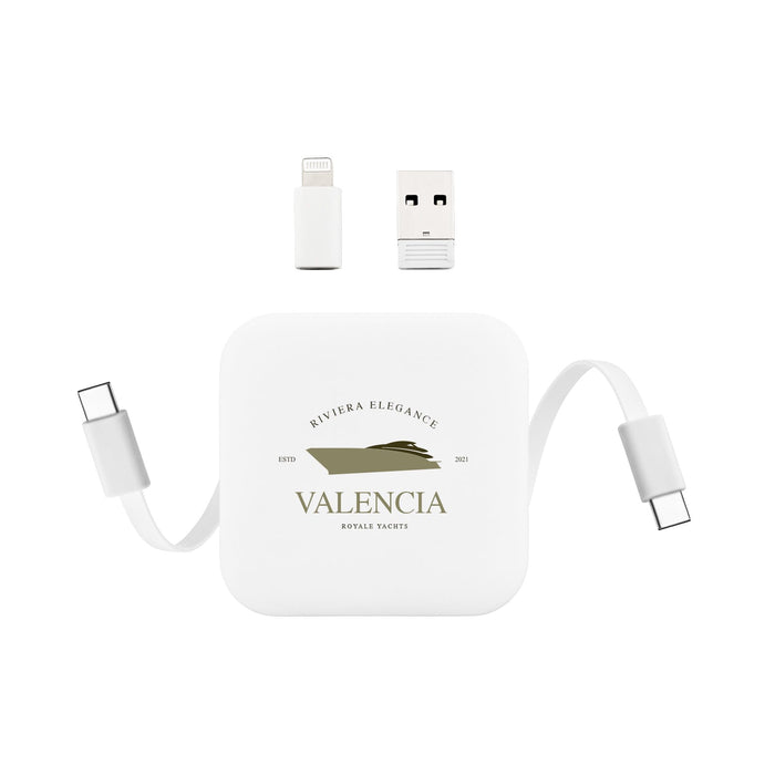 Tech Pack Travel - A white portable charging device with a logo, featuring USB-C and Lightning connectors. Includes a USB adapter.