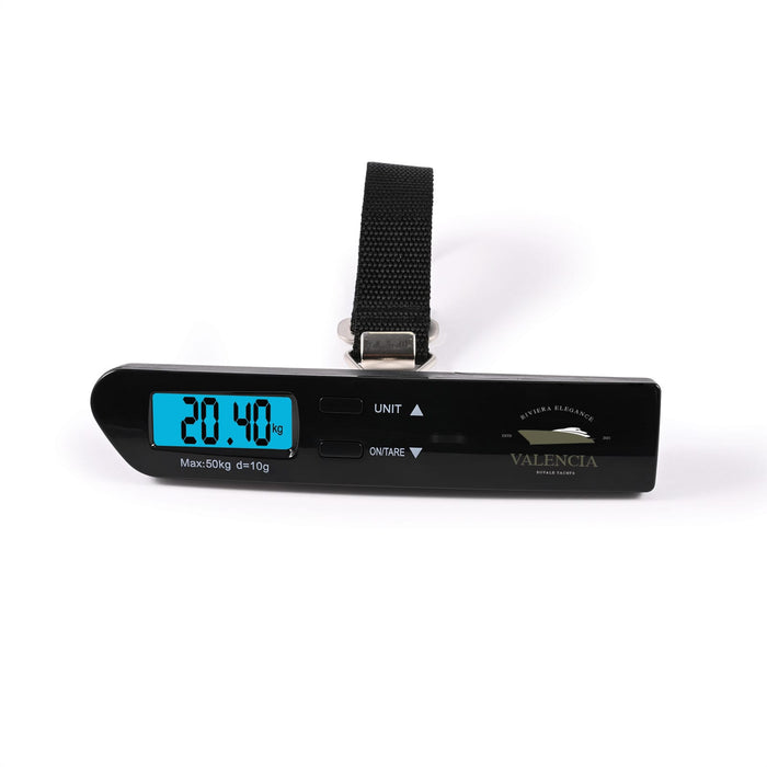 Tech Pack Travel - A digital luggage scale in black with a blue display showing a weight of 20.40 kg. It features a strap for easy use.