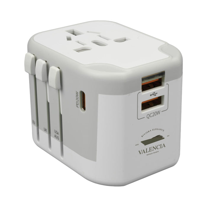 Tech Pack Travel - A travel adaptor in white with multiple plug types and USB ports. It features a logo on one side.