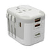 Tech Pack Travel - A travel adaptor in white with multiple plug types and USB ports. It features a logo on one side.