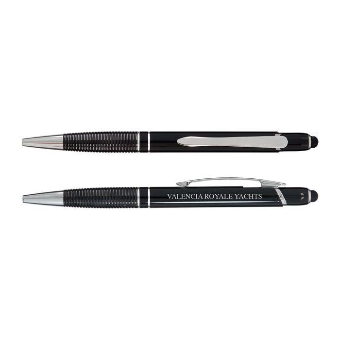 Tech Pack Travel - A set of black pens with chrome accents, featuring a branding logo on one of the pens.