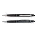 Tech Pack Travel - A set of black pens with chrome accents, featuring a branding logo on one of the pens.