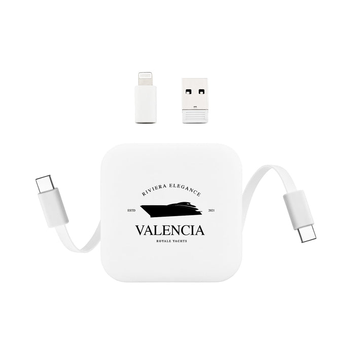 Tech Pack Travel - A white charging device with a retractable cable and USB ports. It features a logo and a sleek, modern design.