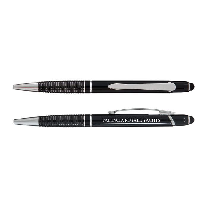 Tech Pack Travel - A black pen with a sleek design features a textured grip and a silver clip, along with branding on the side.