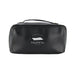 Tech Pack Travel - A black travel toiletry bag with a zip closure and a handle, featuring a logo on the front.