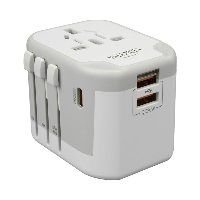 Tech Pack Travel - A white travel adapter with multiple plug options, featuring USB ports and a logo.