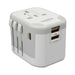Tech Pack Travel - A white travel adapter with multiple plug options, featuring USB ports and a logo.