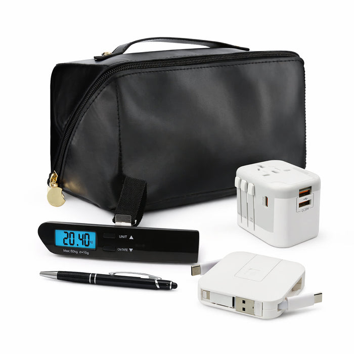 Tech Pack Travel - A black travel bag with a digital clock, USB charger, universal power adapter, and a pen.