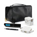 Tech Pack Travel - A black travel bag with a digital clock, USB charger, universal power adapter, and a pen.