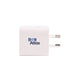Tech Pack Power - A white power adapter with two metal prongs and a logo on one side.