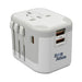 Tech Pack Power - A white travel adapter with multiple plug types and USB ports. It features a logo on one side.